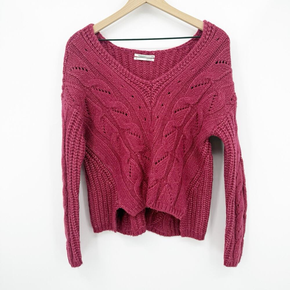 Anthropologie Alpaca Blend‎ Cable Knit Sweater Pink Chunky V Neck Pullover XS
